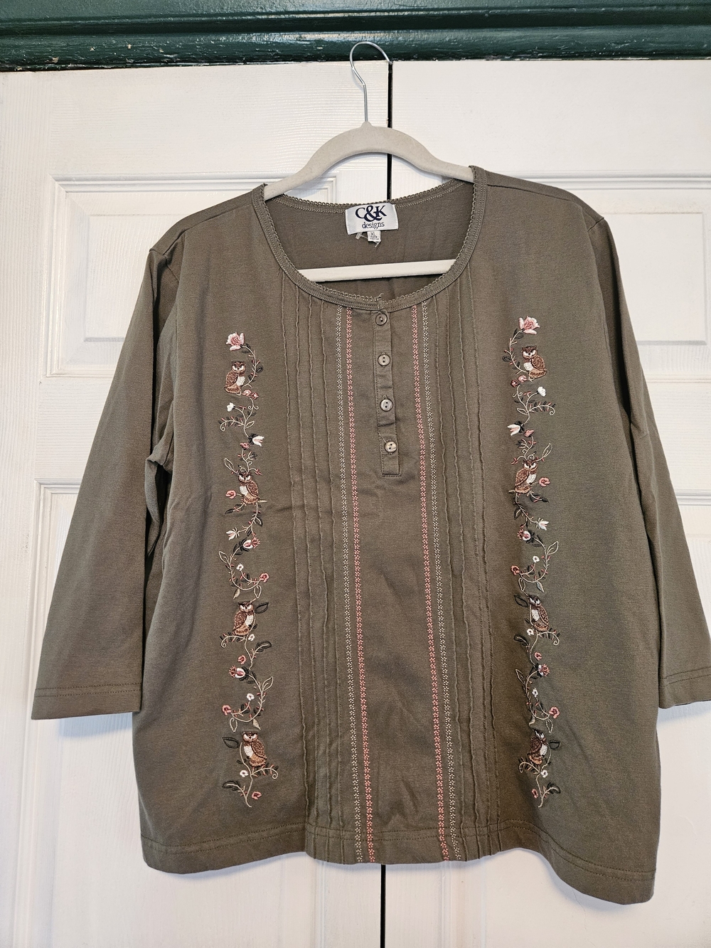 C&K Olive Green Embroidered Henley Top